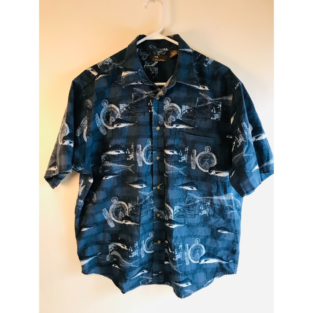 Cafe Luna Shirt Men's Size Large Navy Blue *Compass Ocean Fish* Button Up Pocket